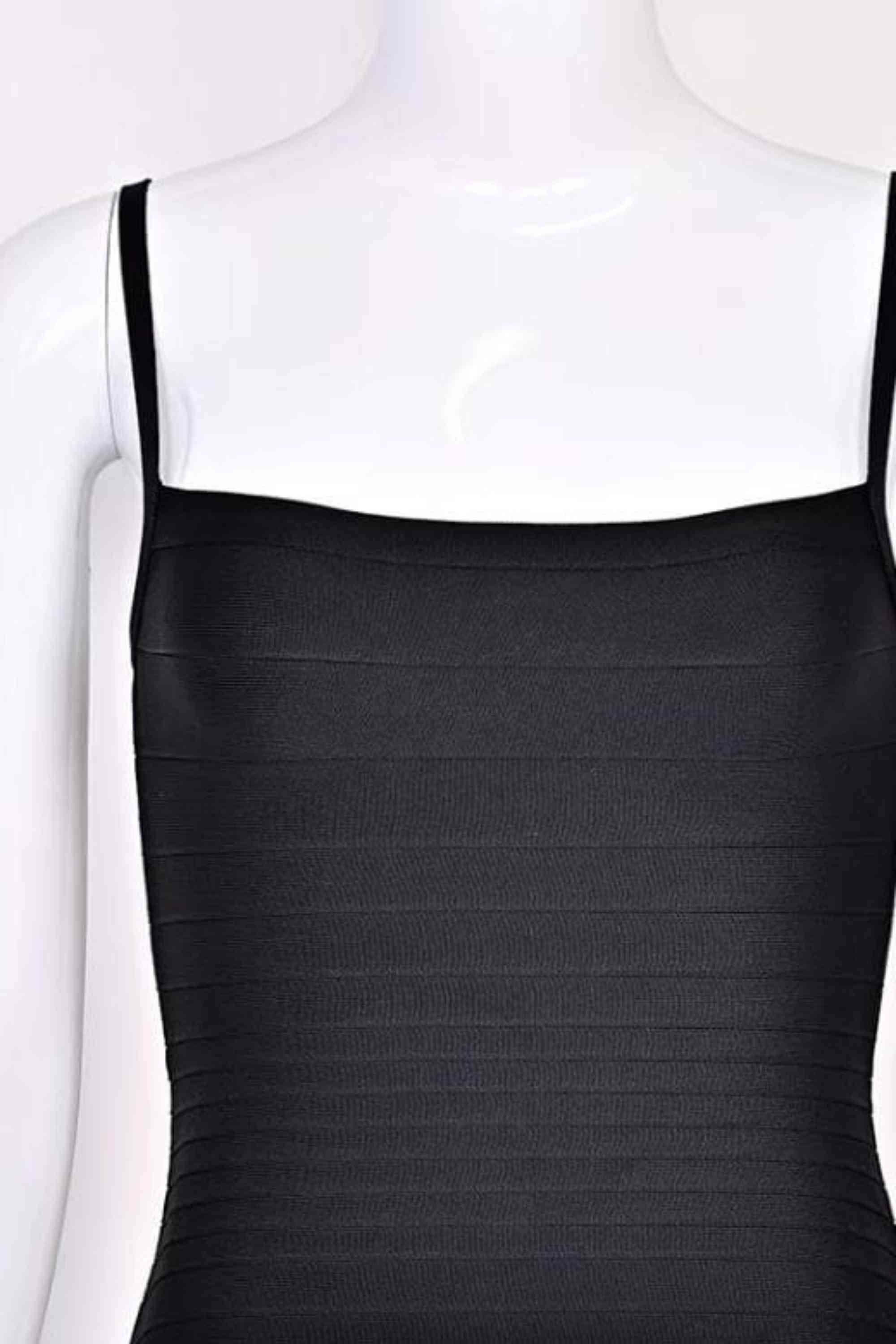 Woman wearing a figure flattering Scarlett Bandage Mini Dress - Classic Black BODYCON COLLECTION Pty Ltd