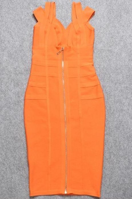 Woman wearing a figure flattering Sia Bandage Dress - Apricot Orange Bodycon Collection