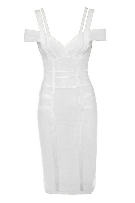 Woman wearing a figure flattering Sia Bandage Dress - Pearl White Bodycon Collection