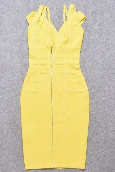 Woman wearing a figure flattering Sia Bandage Dress - Sun Yellow Bodycon Collection