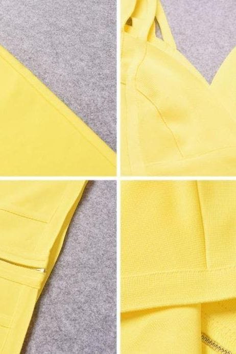 Woman wearing a figure flattering Sia Bandage Dress - Sun Yellow Bodycon Collection