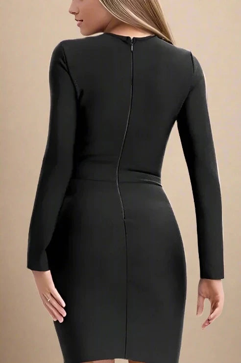 Woman wearing a figure flattering Sofie Long Sleeve Bodycon Mini Dress - Classic Black BODYCON COLLECTION