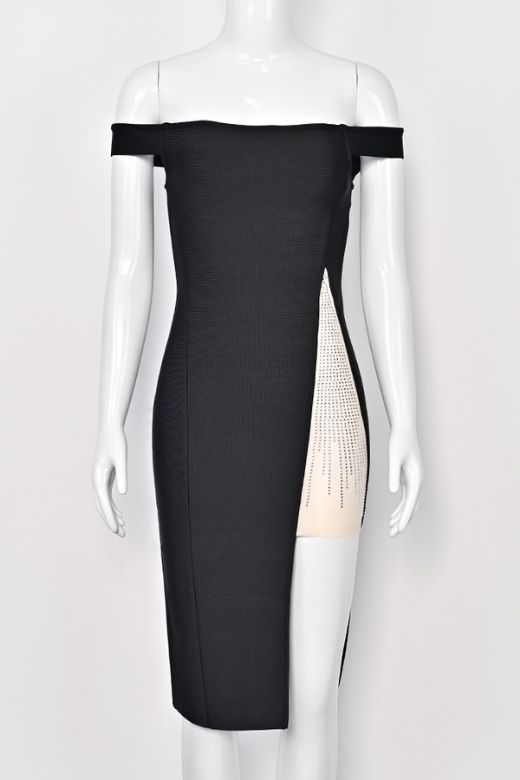 Woman wearing a figure flattering Sofie Off Shoulder Bodycon Dress - Classic Black BODYCON COLLECTION