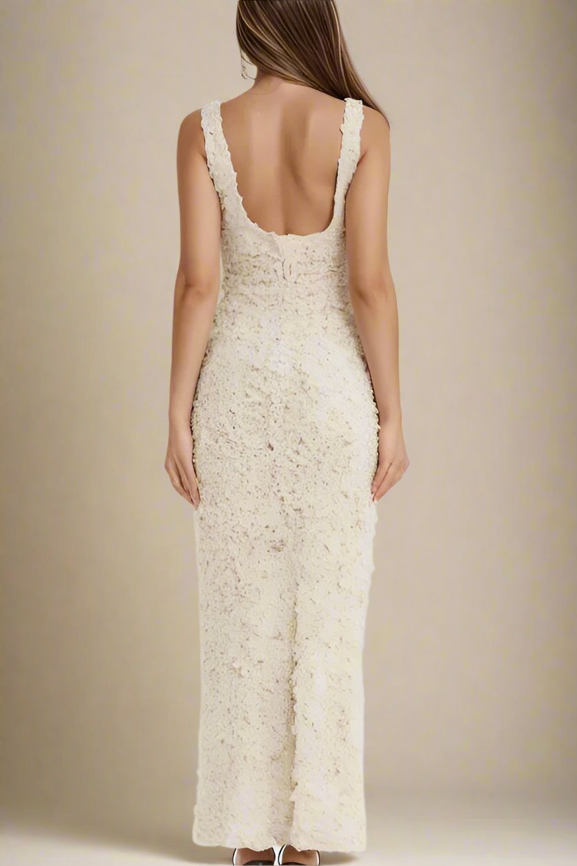 Woman wearing a figure flattering Sonia Bodycon Maxi Dress - Pearl White BODYCON COLLECTION
