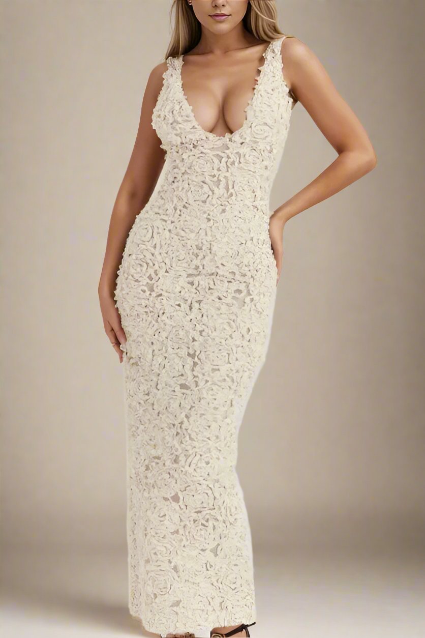 Woman wearing a figure flattering Sonia Bodycon Maxi Dress - Pearl White BODYCON COLLECTION
