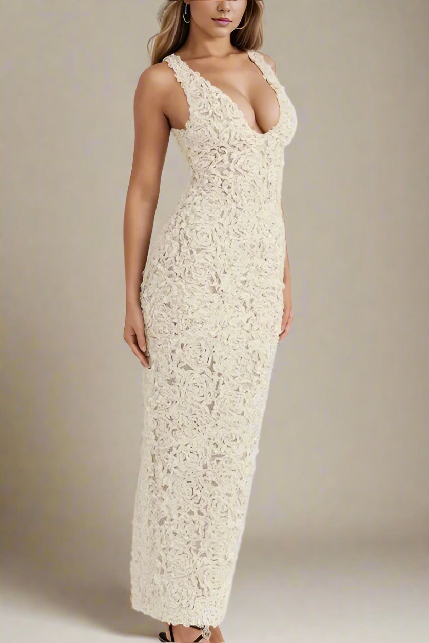 Woman wearing a figure flattering Sonia Bodycon Maxi Dress - Pearl White BODYCON COLLECTION