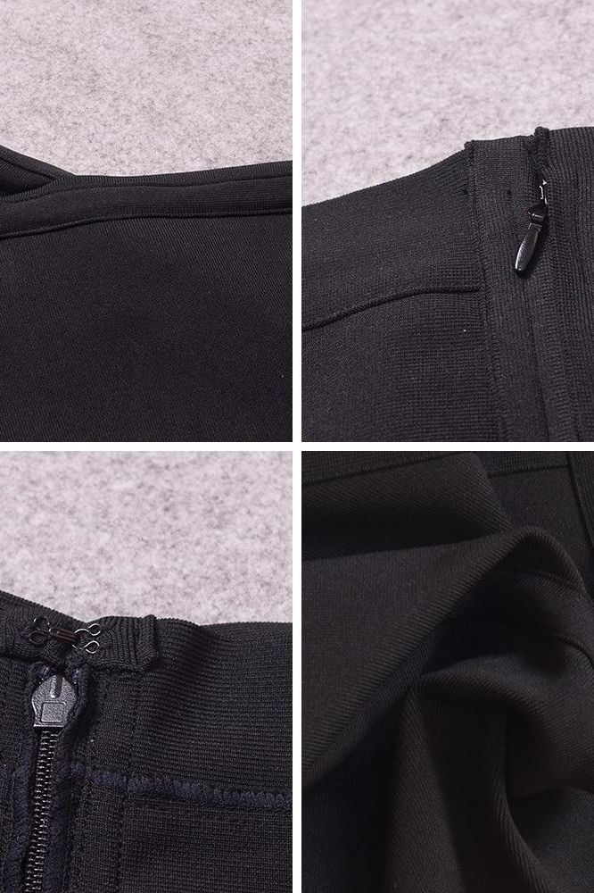 Woman wearing a figure flattering Sophia Bandage Dress - Classic Black Bodycon Collection