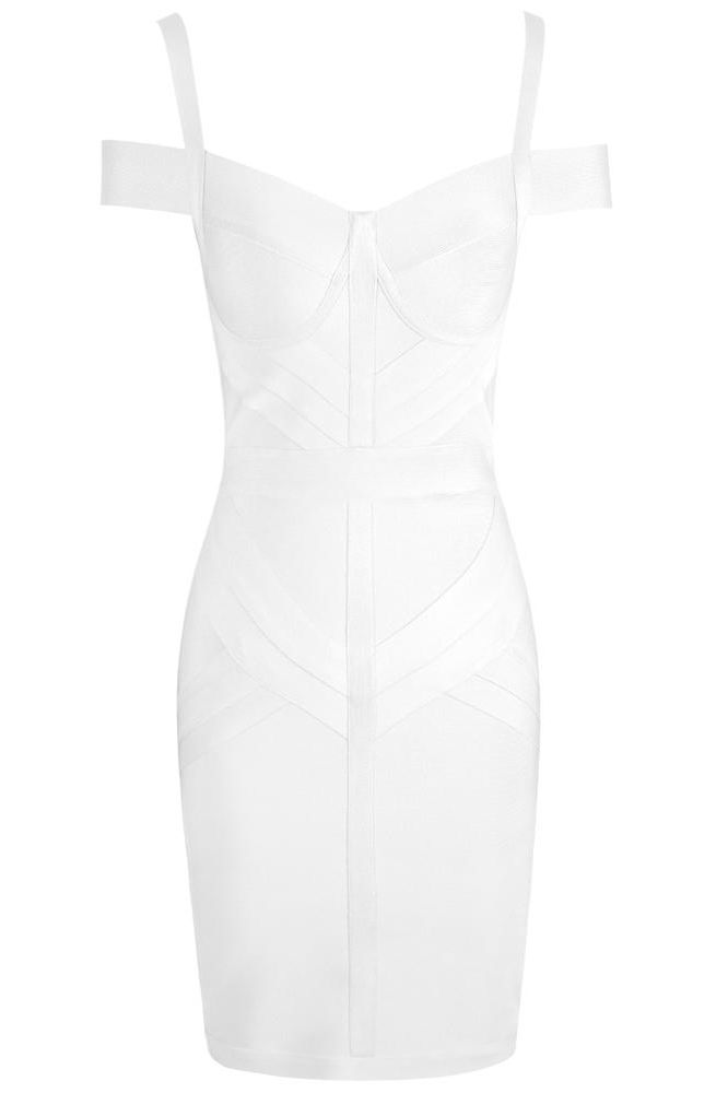 Woman wearing a figure flattering Sophia Bandage Dress - Pearl White Bodycon Collection