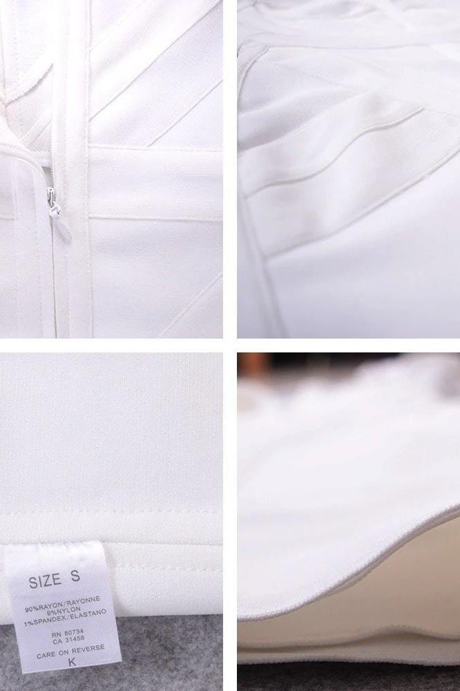 Woman wearing a figure flattering Sophia Bandage Dress - Pearl White Bodycon Collection