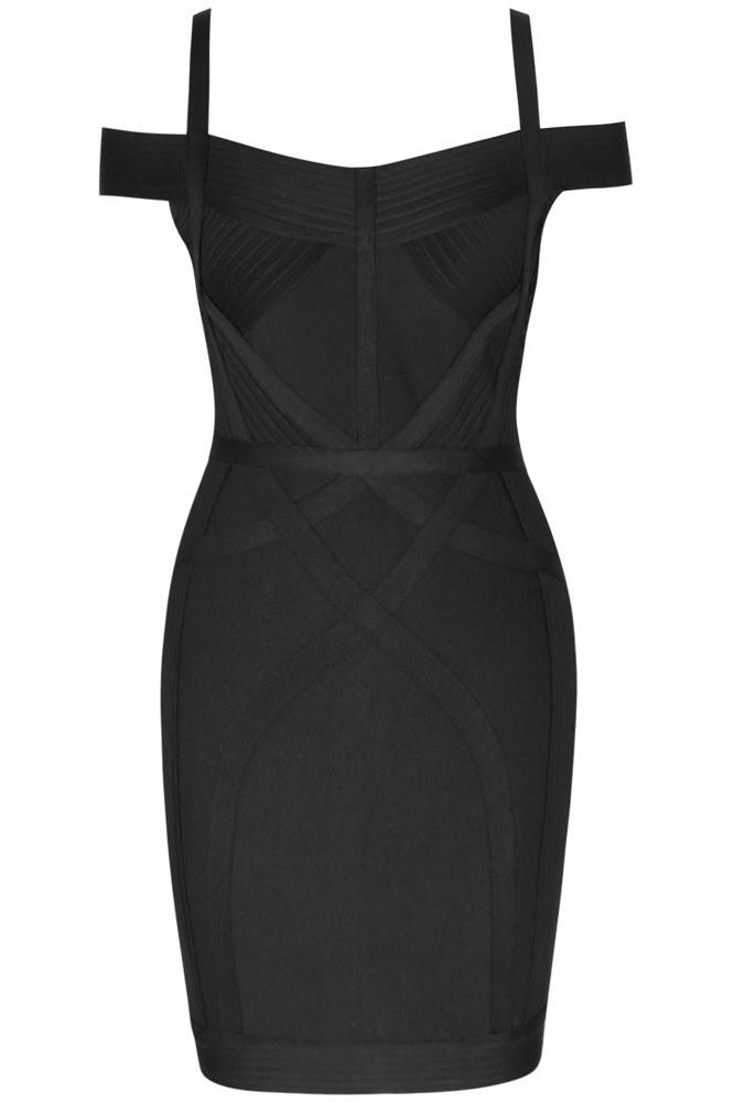 Woman wearing a figure flattering Sophia Bandage Mini Dress - Classic Black Bodycon Collection