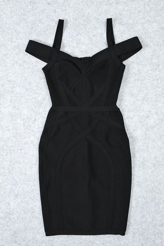 Woman wearing a figure flattering Sophia Bandage Mini Dress - Classic Black Bodycon Collection
