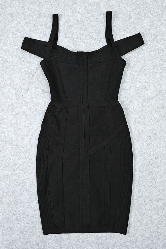 Woman wearing a figure flattering Sophia Bandage Mini Dress - Classic Black Bodycon Collection