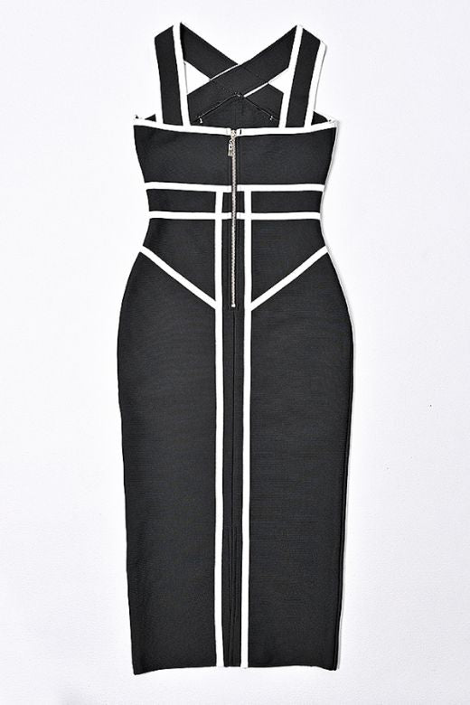 Woman wearing a figure flattering Suki Bandage Midi Dress - Classic Black BODYCON COLLECTION