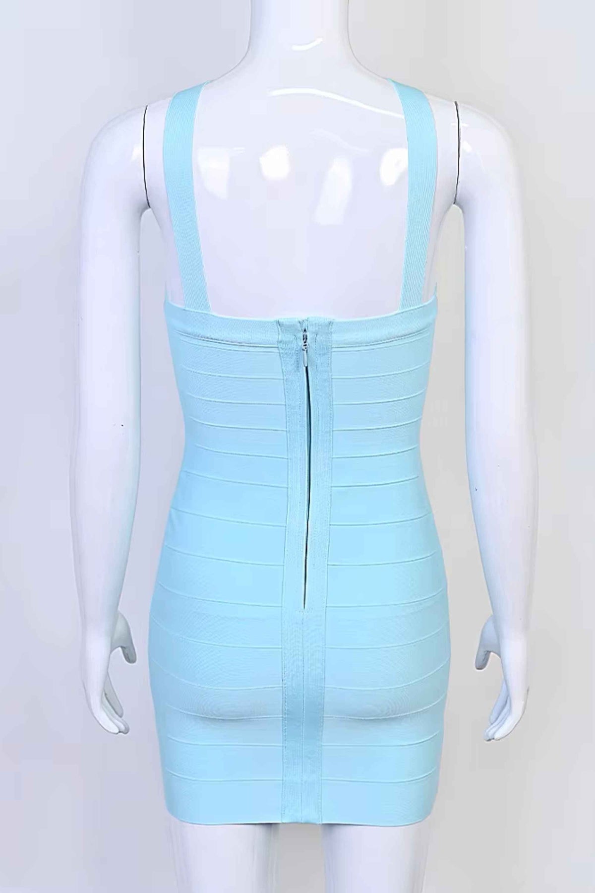 Woman wearing a figure flattering Sydney Bandage Mini Dress - Sky Blue BODYCON COLLECTION Pty Ltd