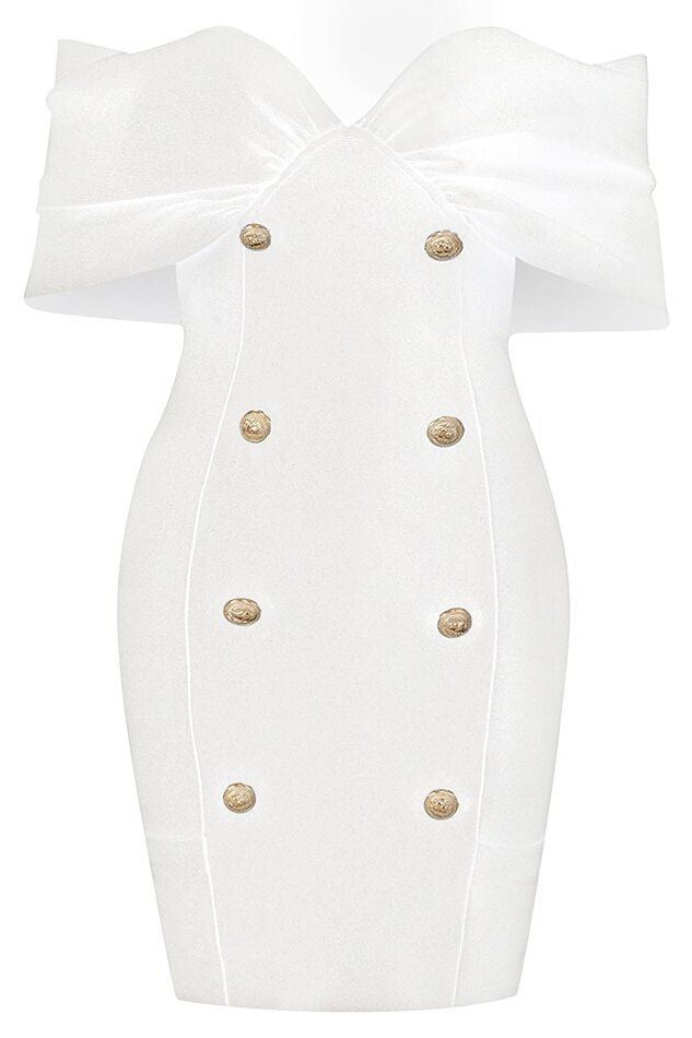 Woman wearing a figure flattering Tanya Bandage Mini Dress - Pearl White BODYCON COLLECTION