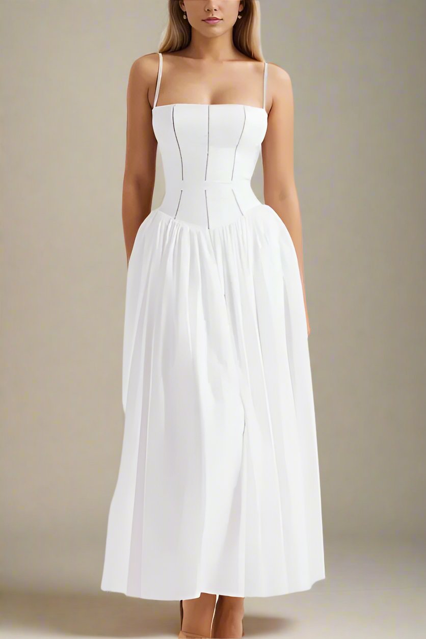 Woman wearing a figure flattering Tasmin Bodycon Midi Dress - Pearl White BODYCON COLLECTION