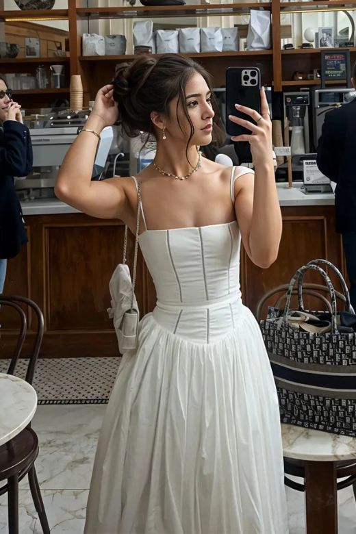 Woman wearing a figure flattering Tasmin Bodycon Midi Dress - Pearl White BODYCON COLLECTION