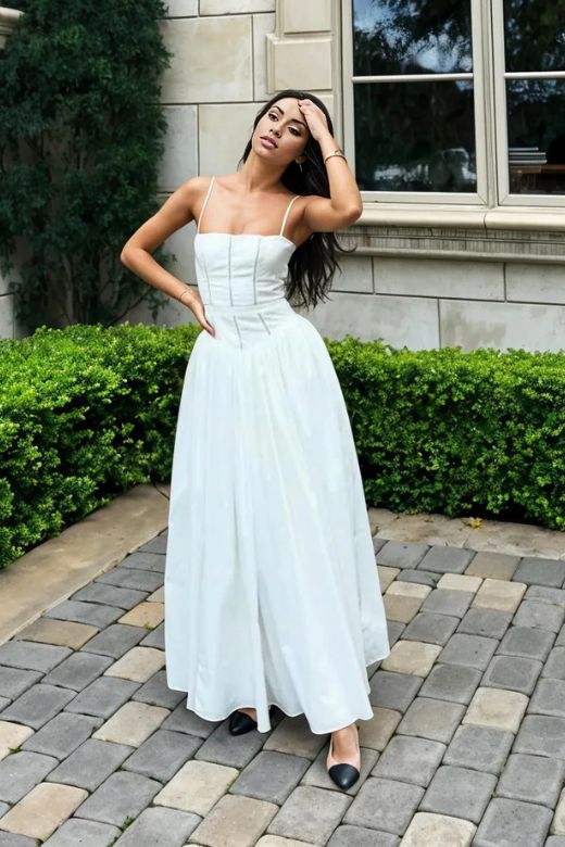 Woman wearing a figure flattering Tasmin Bodycon Midi Dress - Pearl White BODYCON COLLECTION