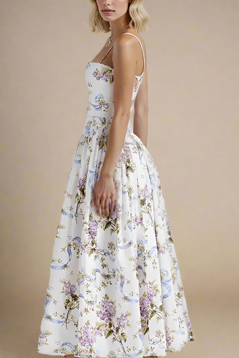 Woman wearing a figure flattering Tasmin Bodycon Midi Dress - White Floral BODYCON COLLECTION