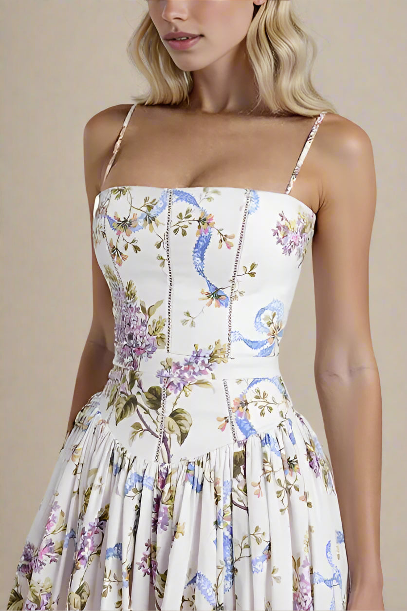 Woman wearing a figure flattering Tasmin Bodycon Midi Dress - White Floral BODYCON COLLECTION