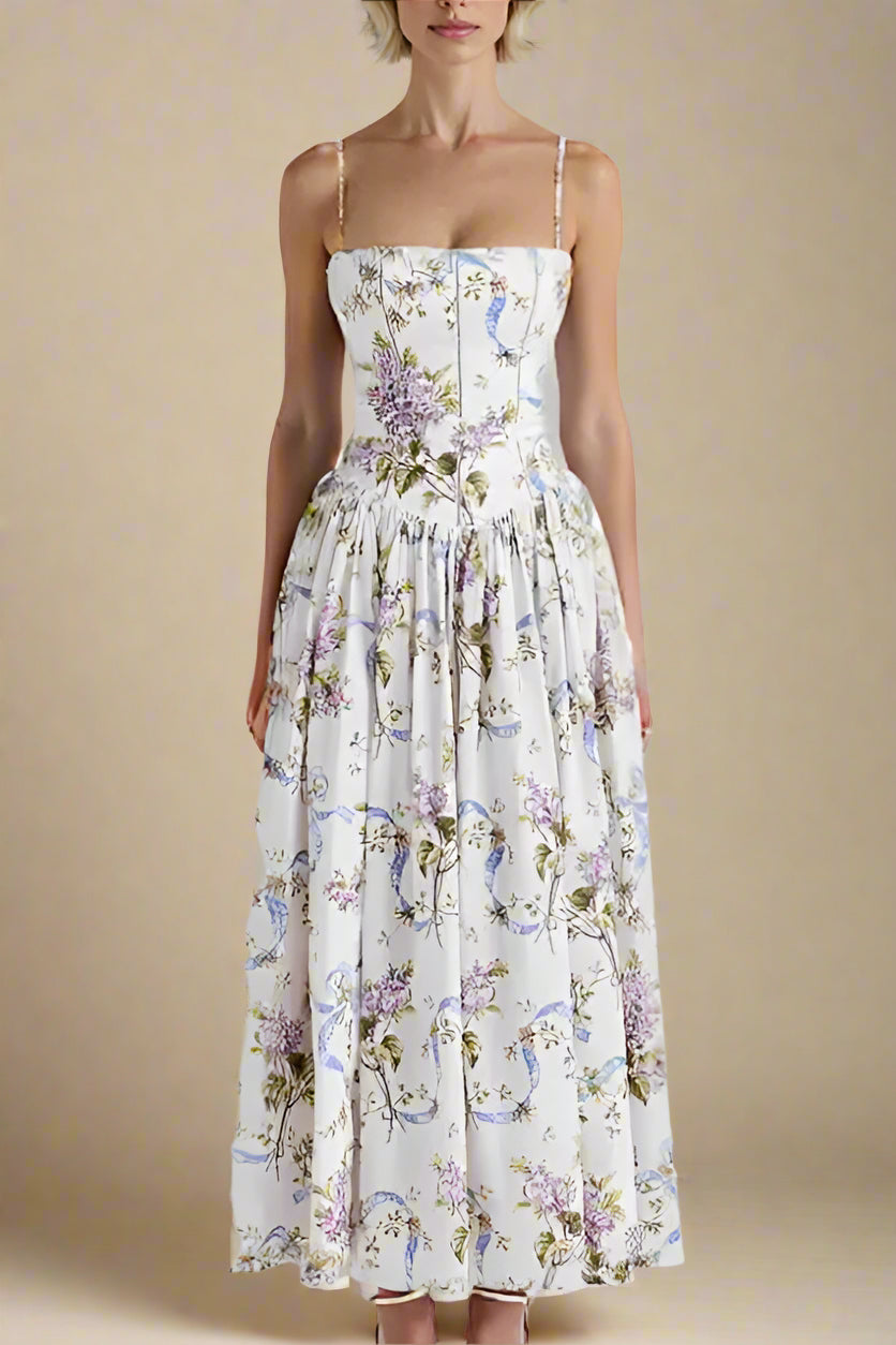 Woman wearing a figure flattering Tasmin Bodycon Midi Dress - White Floral BODYCON COLLECTION