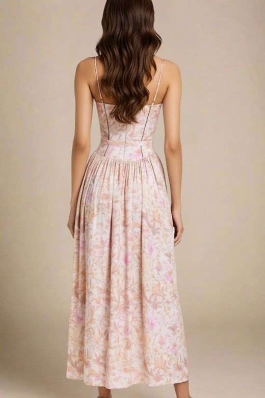 Woman wearing a figure flattering  Tasmin Midi Dress - Pink Print BODYCON COLLECTION