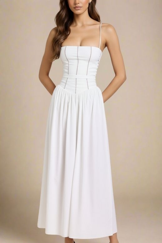 Woman wearing a figure flattering Tasmin Midi Dress - White Pearl BODYCON COLLECTION