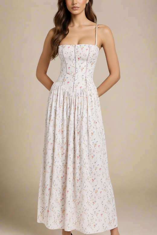 Woman wearing a figure flattering Tasmin Midi Dress - White Print BODYCON COLLECTION