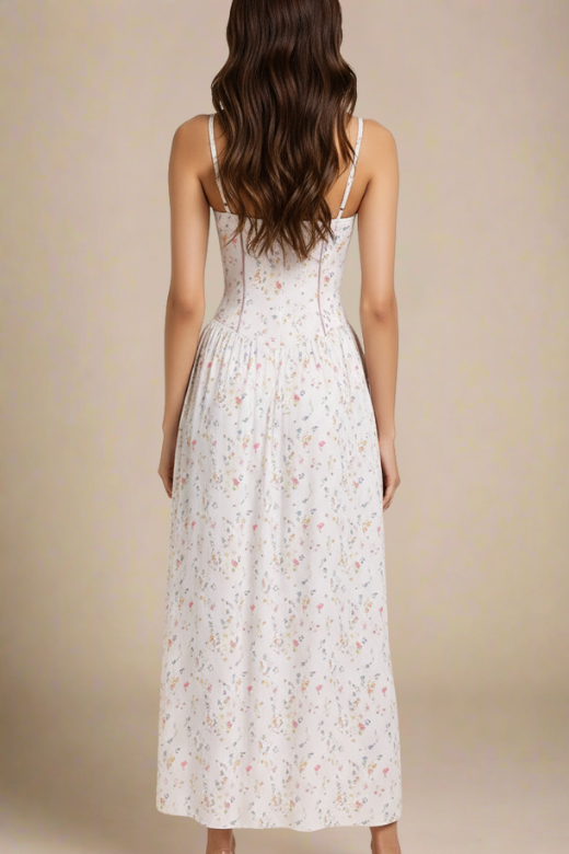 Woman wearing a figure flattering Tasmin Midi Dress - White Print BODYCON COLLECTION