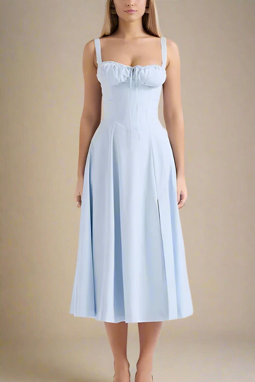 Woman wearing a figure flattering Taylor Bodycon Day Midi Dress - Baby Blue BODYCON COLLECTION