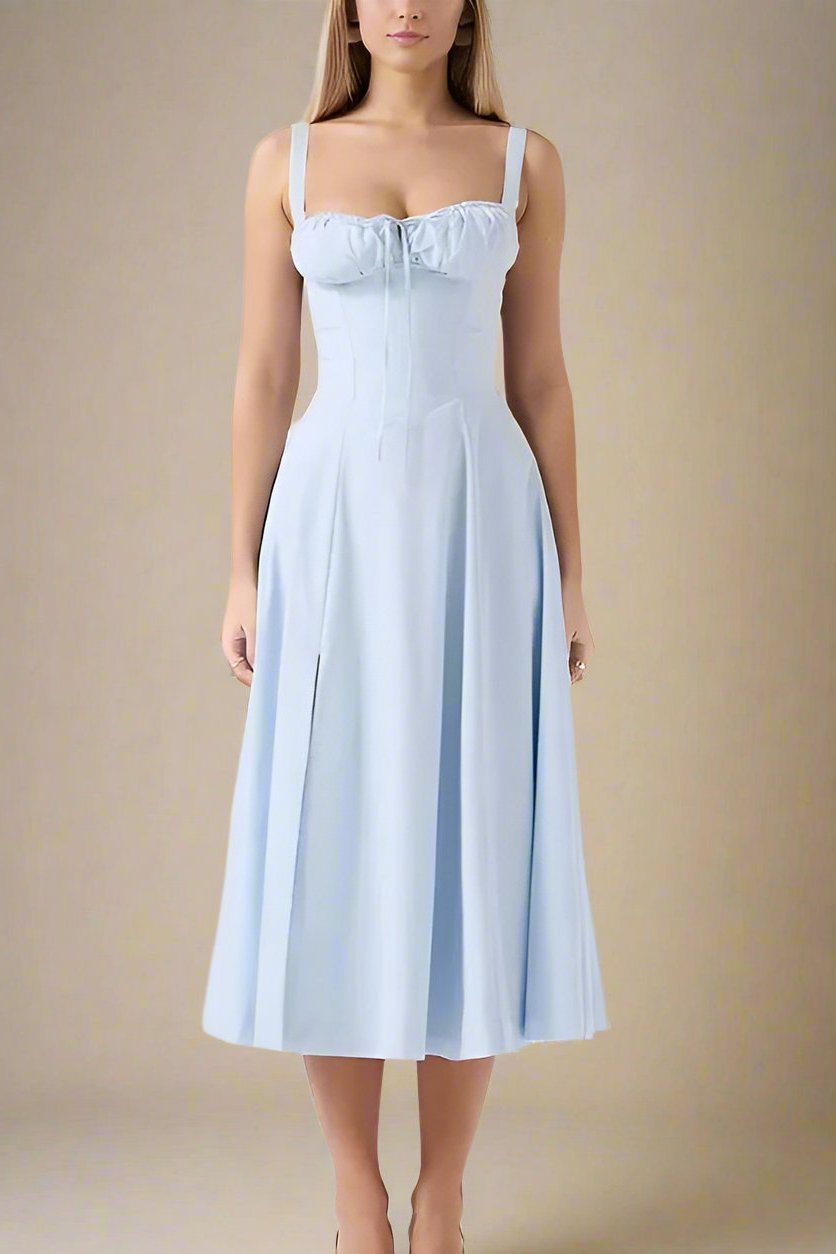 Woman wearing a figure flattering Taylor Bodycon Day Midi Dress - Baby Blue BODYCON COLLECTION