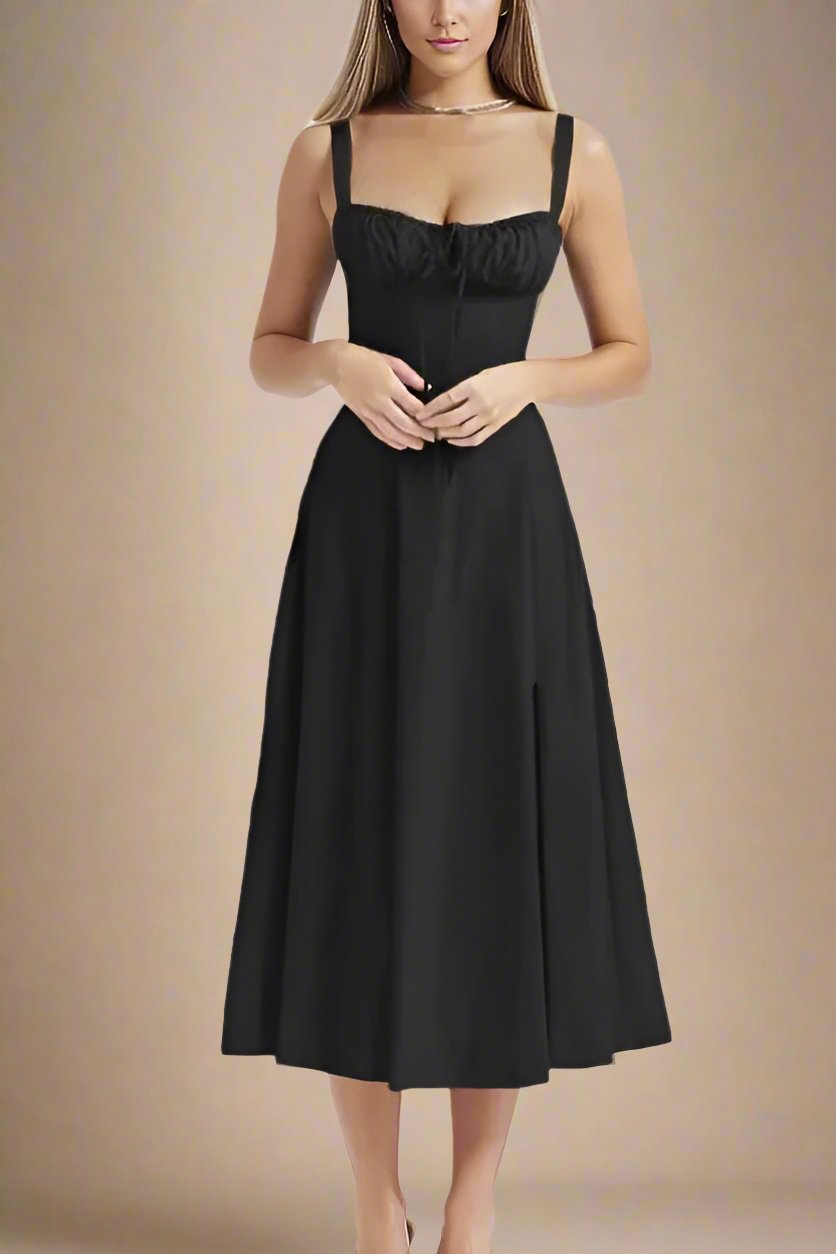 Woman wearing a figure flattering Taylor Bodycon Day Midi Dress - Classic Black BODYCON COLLECTION