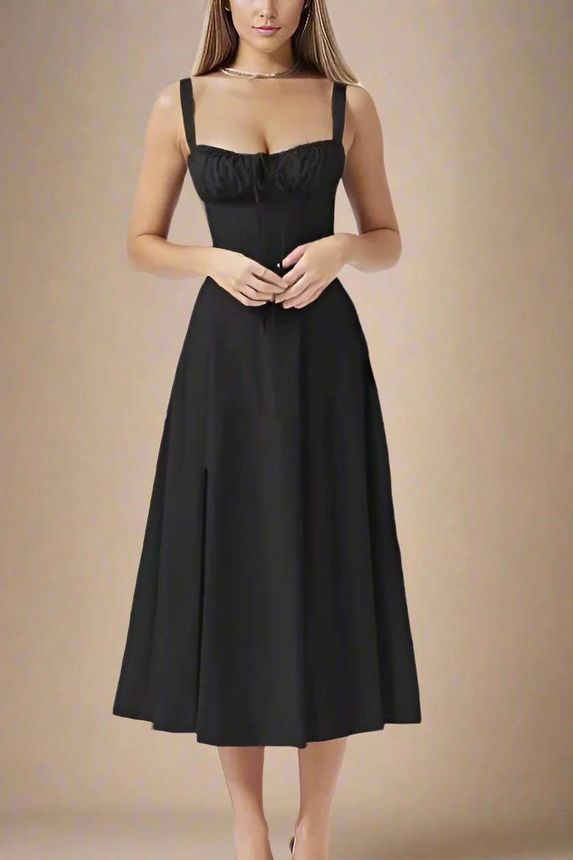 Woman wearing a figure flattering Taylor Bodycon Day Midi Dress - Classic Black BODYCON COLLECTION