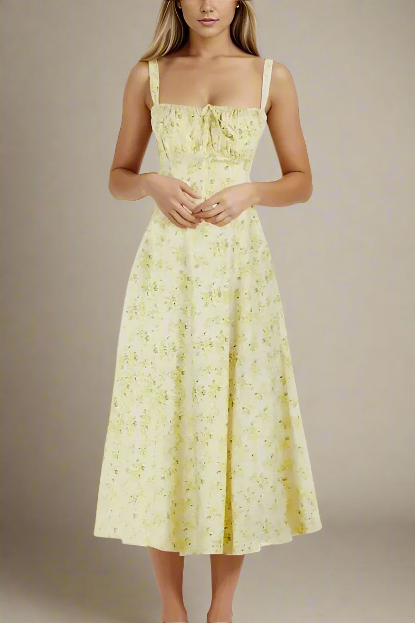 Woman wearing a figure flattering Taylor Bodycon Day Midi Dress - Daffodil Yellow BODYCON COLLECTION