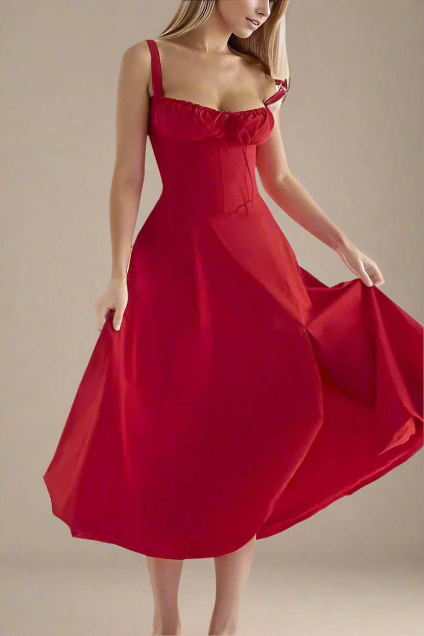 Woman wearing a figure flattering Taylor Bodycon Day Midi Dress - Lipstick Red BODYCON COLLECTION