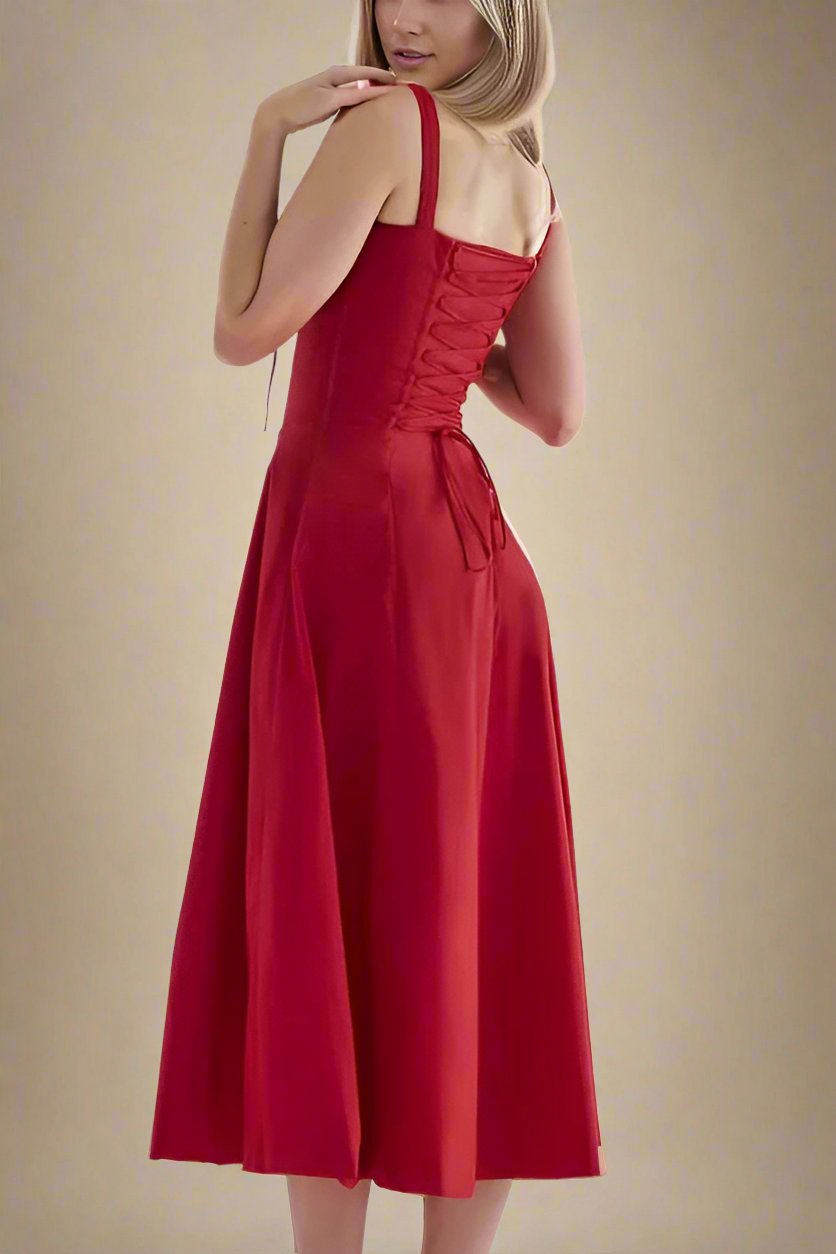 Woman wearing a figure flattering Taylor Bodycon Day Midi Dress - Lipstick Red BODYCON COLLECTION