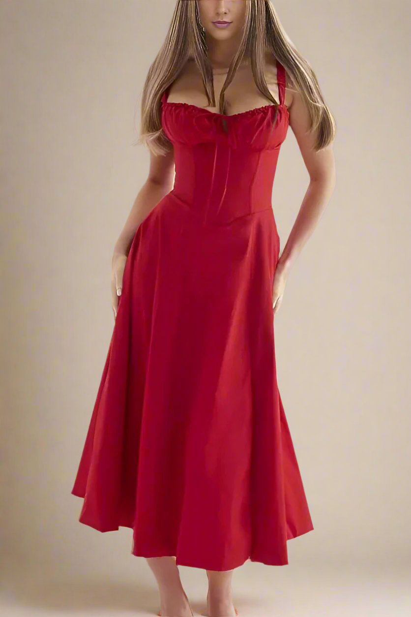 Woman wearing a figure flattering Taylor Bodycon Day Midi Dress - Lipstick Red BODYCON COLLECTION