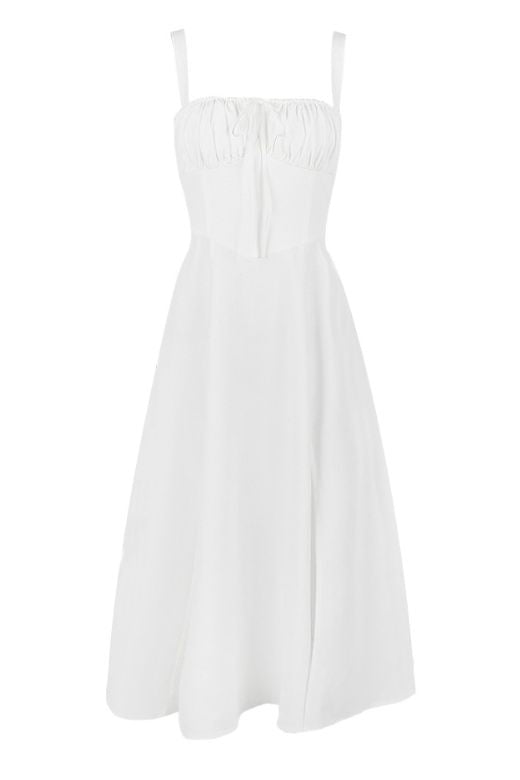 Woman wearing a figure flattering Taylor Bodycon Day Midi Dress - Pearl White BODYCON COLLECTION