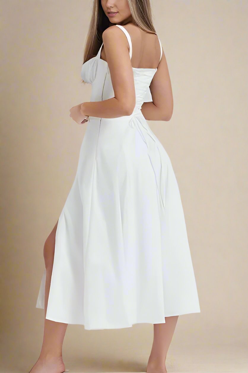Woman wearing a figure flattering Taylor Bodycon Day Midi Dress - Pearl White BODYCON COLLECTION