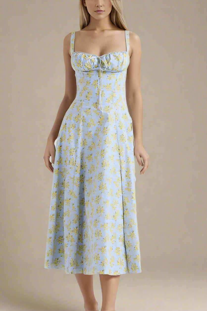 Woman wearing a figure flattering Taylor Bodycon Day Midi Dress - Sky Blue BODYCON COLLECTION