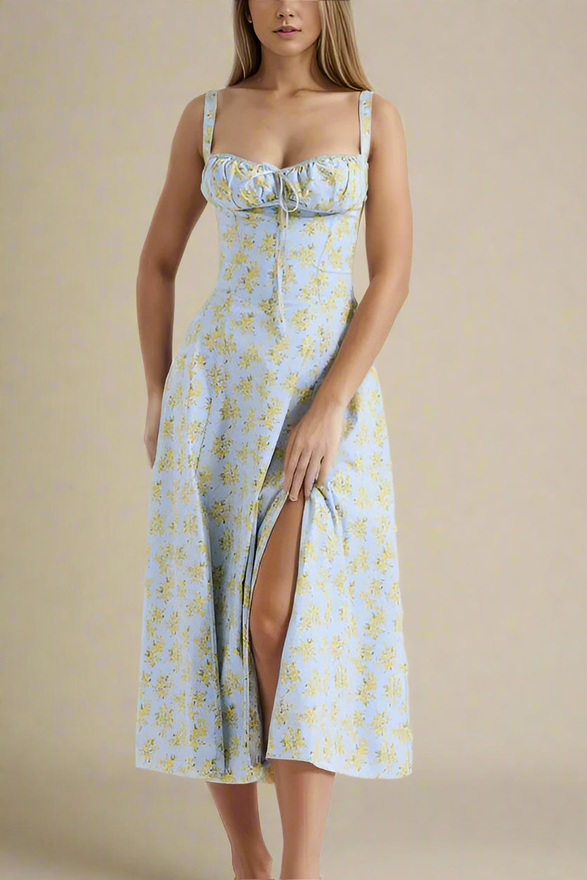 Woman wearing a figure flattering Taylor Bodycon Day Midi Dress - Sky Blue BODYCON COLLECTION