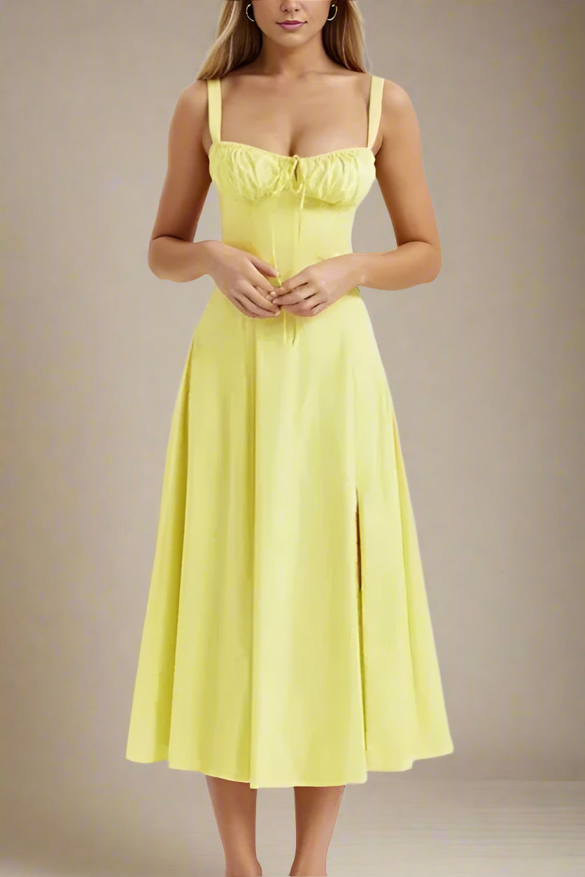 Woman wearing a figure flattering Taylor Bodycon Day Midi Dress - Sun Yellow BODYCON COLLECTION