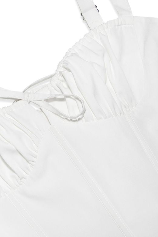 Woman wearing a figure flattering Taylor Bodycon Day Mini Dress - Pearl White BODYCON COLLECTION