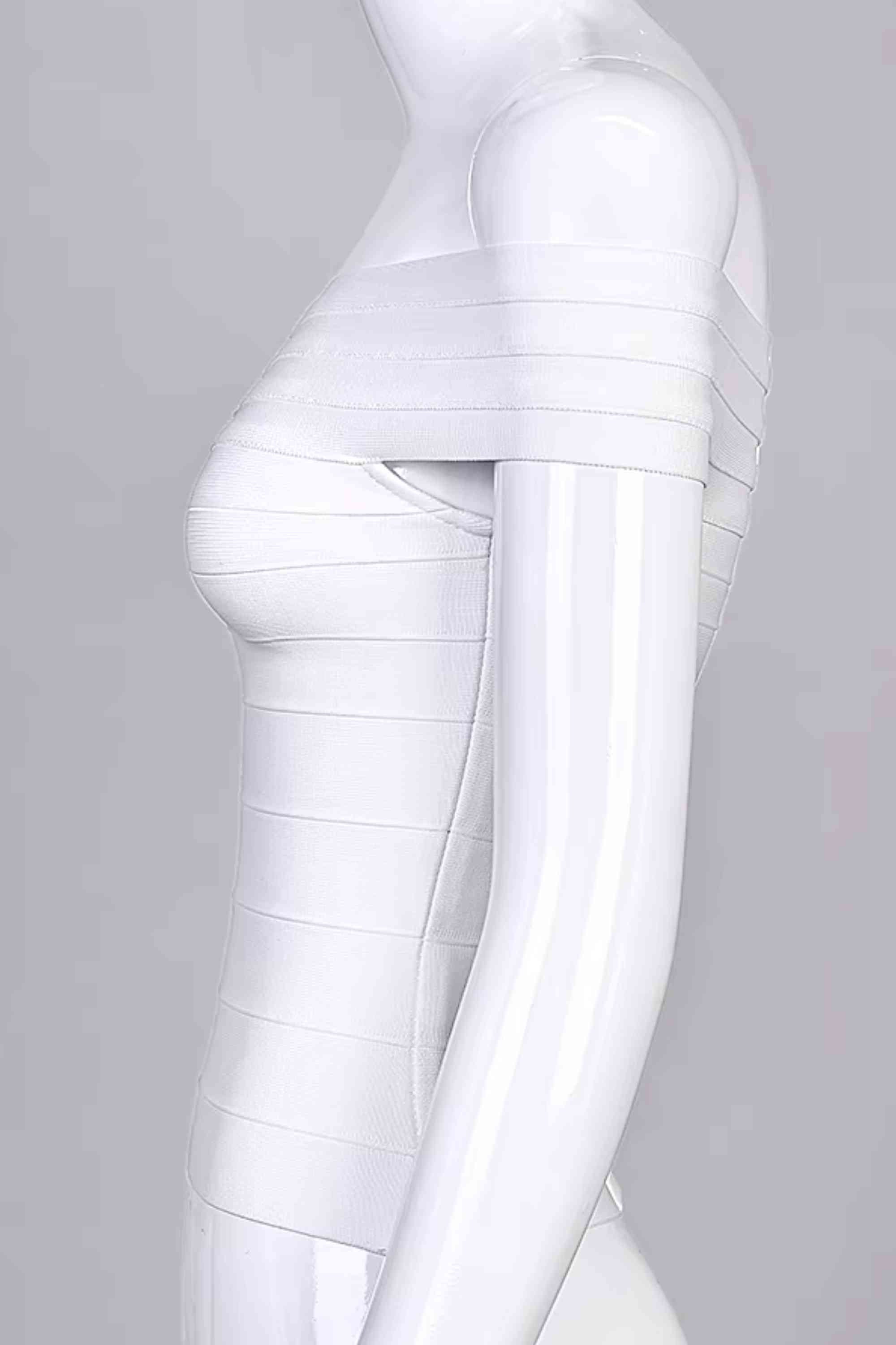 Woman wearing a figure flattering Vera Bandage Off Shoulder Top - White Pearl BODYCON COLLECTION Pty Ltd