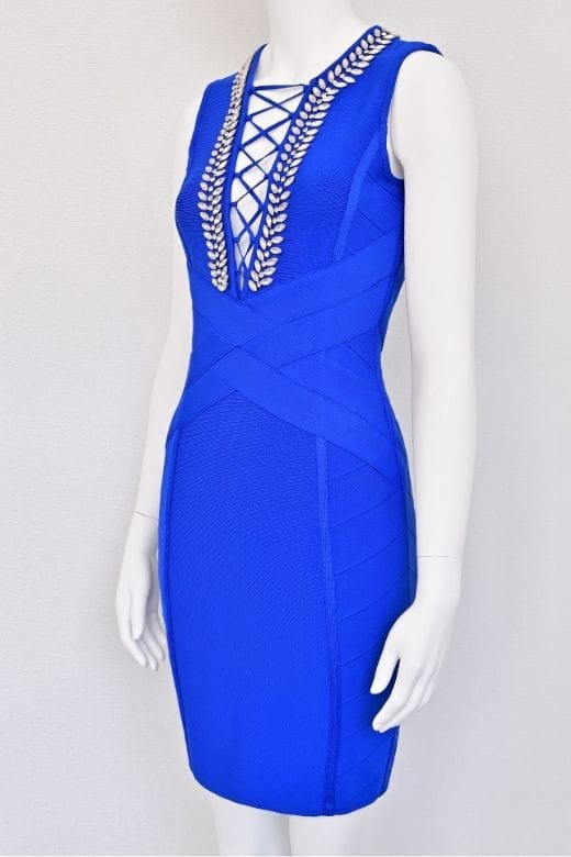 Woman wearing a figure flattering Vivian Bandage Dress - Royal Blue BODYCON COLLECTION Pty Ltd