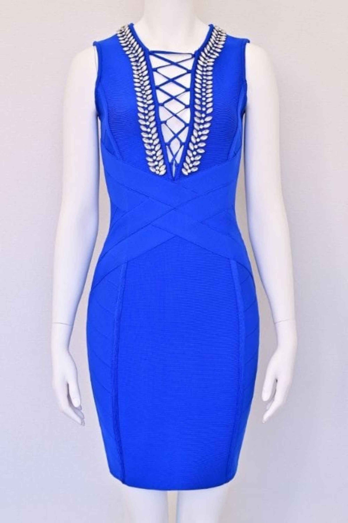 Woman wearing a figure flattering Vivian Bandage Dress - Royal Blue BODYCON COLLECTION Pty Ltd