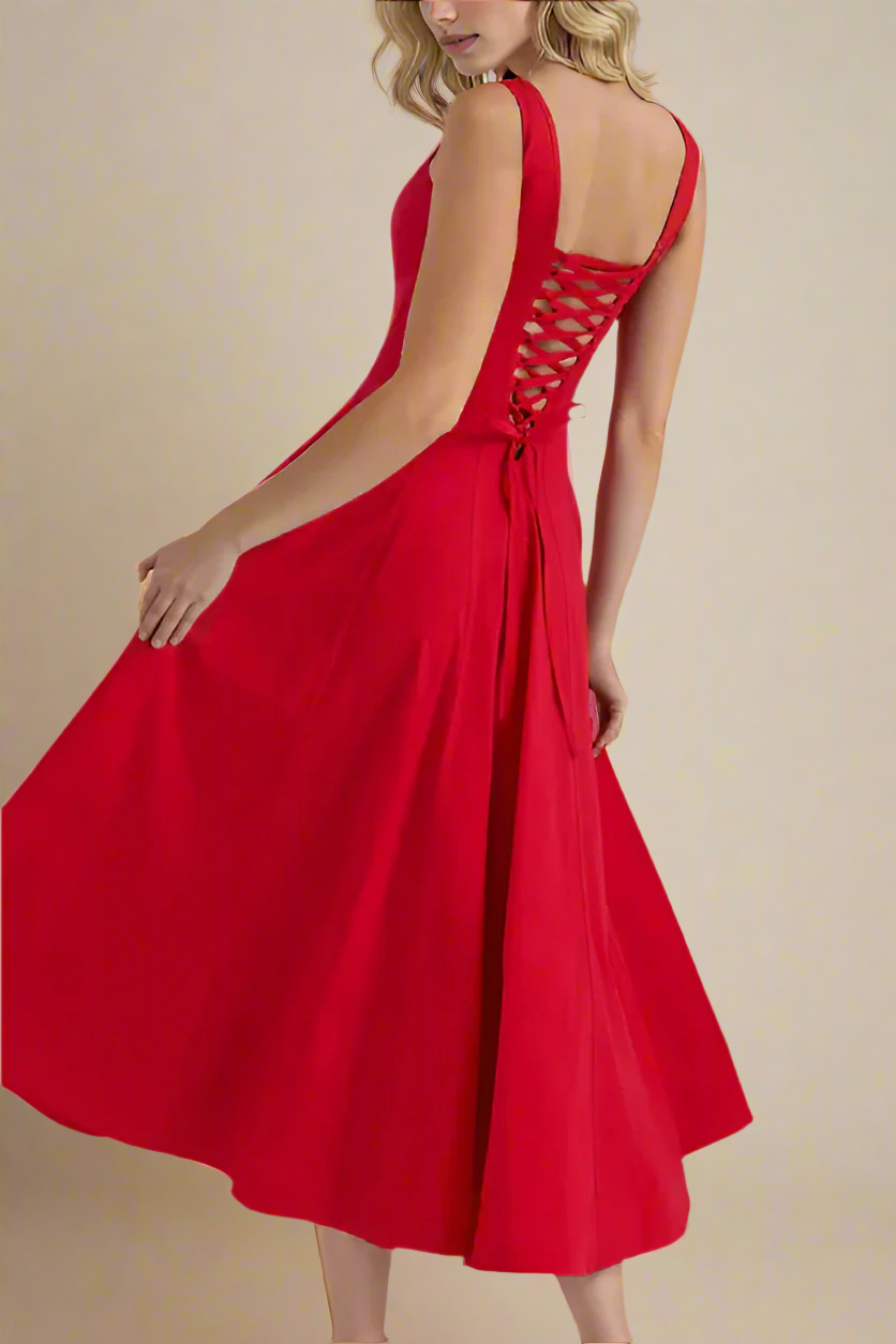 Woman wearing a figure flattering Willa Bodycon Midi Dress - Lipstick Red BODYCON COLLECTION Pty Ltd