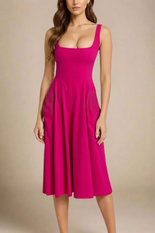 Woman wearing a figure flattering Willa Midi Dress - Magenta Pink BODYCON COLLECTION Pty Ltd