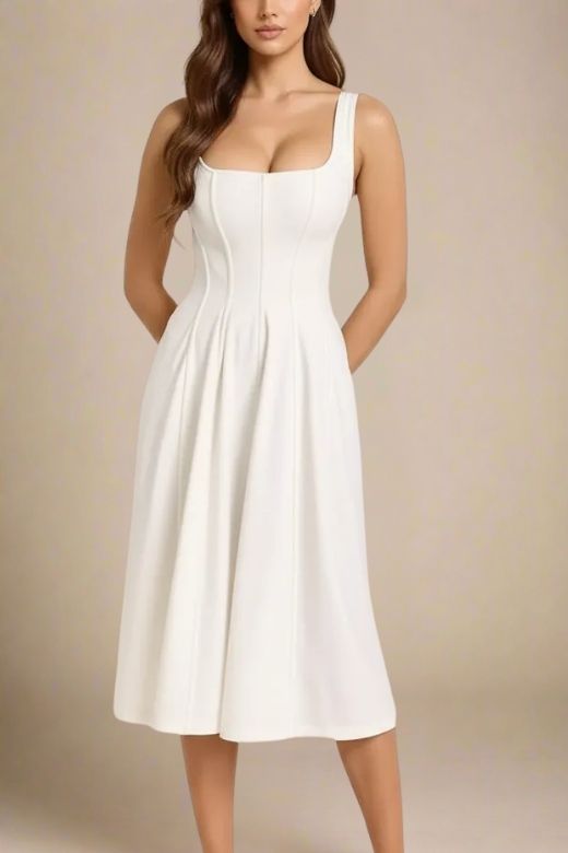 Woman wearing a figure flattering Willa Midi Dress - White Pearl BODYCON COLLECTION Pty Ltd