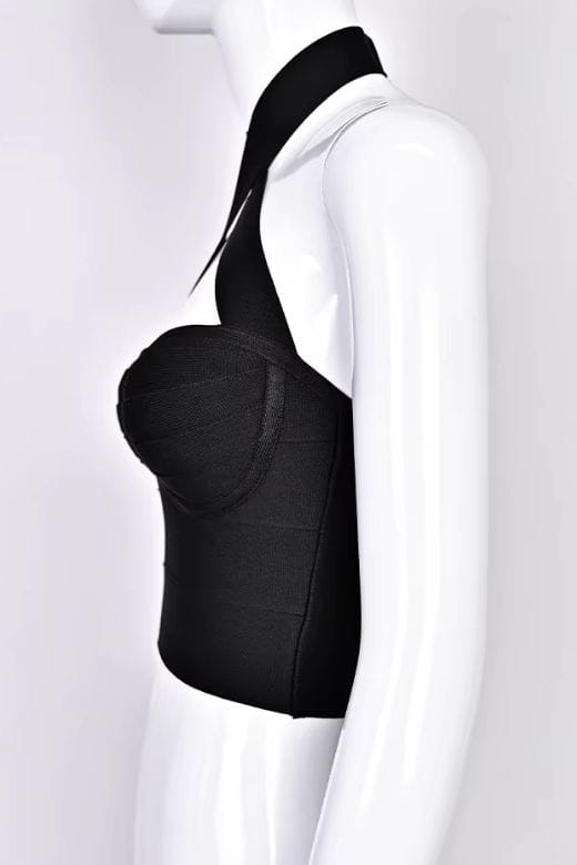 Woman wearing a figure flattering Willow Bandage Crop Top - Classic Black BODYCON COLLECTION Pty Ltd